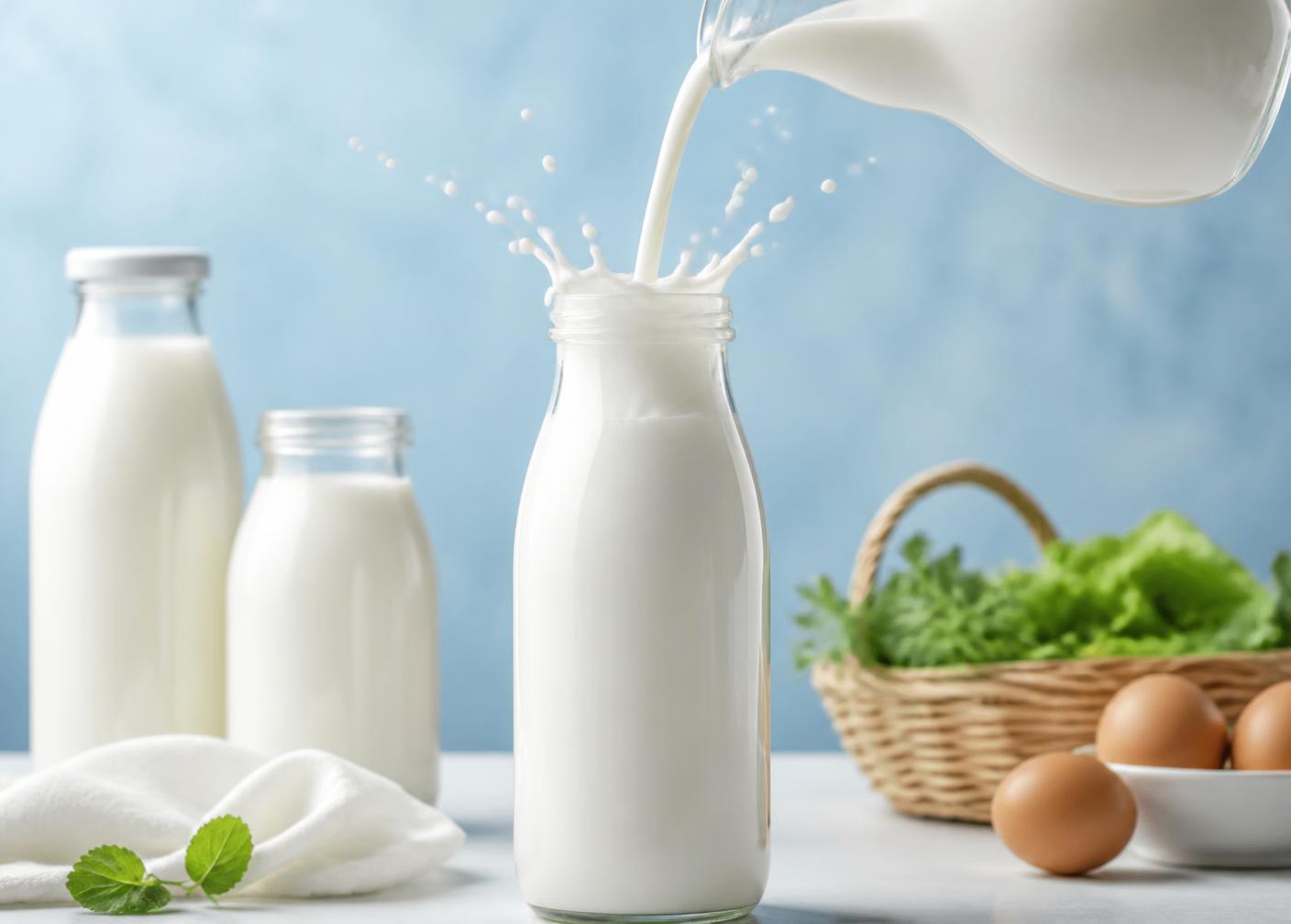 Fresh native cow milk poured into a glass bottle beside farm vegetables and eggs